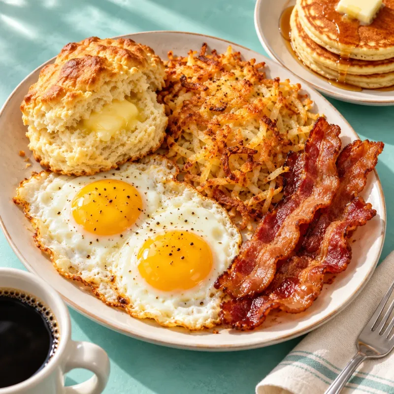 Illustrative Southern breakfast with eggs, bacon, hash browns, and a biscuit